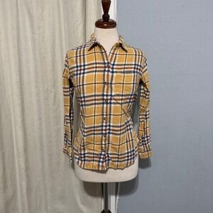 Sonoma Women Flannel Shirt Small Plaid Long Sleeve Button Down Yellow Blue